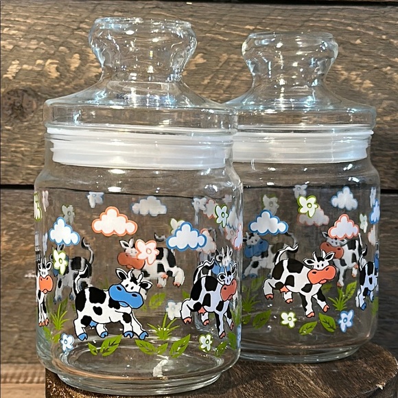 VINTAGE SET OF 2 Charming Cow Print Glass Cookie Snack Jars 7x5" Airtight Seal - Picture 4 of 4